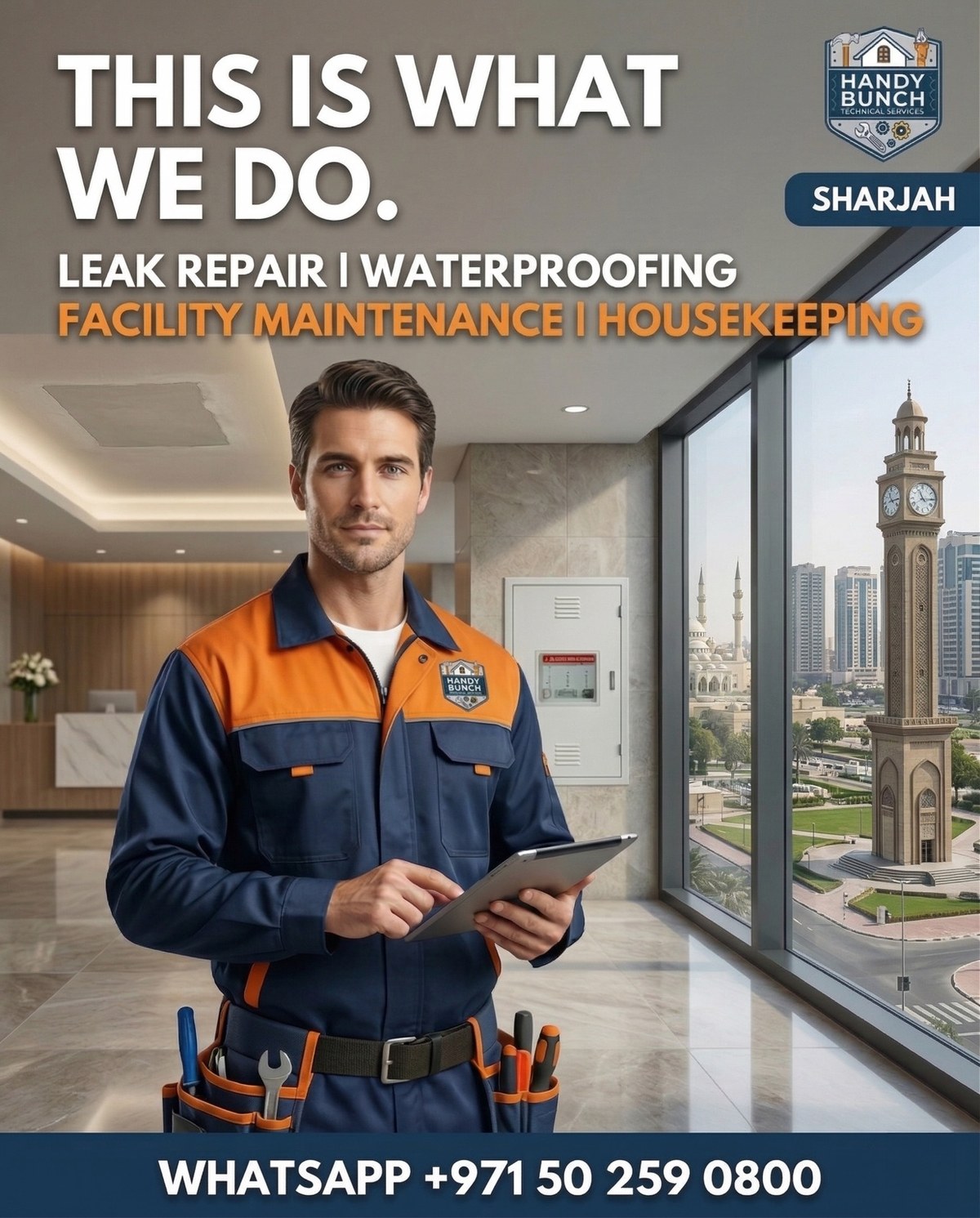 Handy Bunch service poster showing technical services, facility maintenance and housekeeping